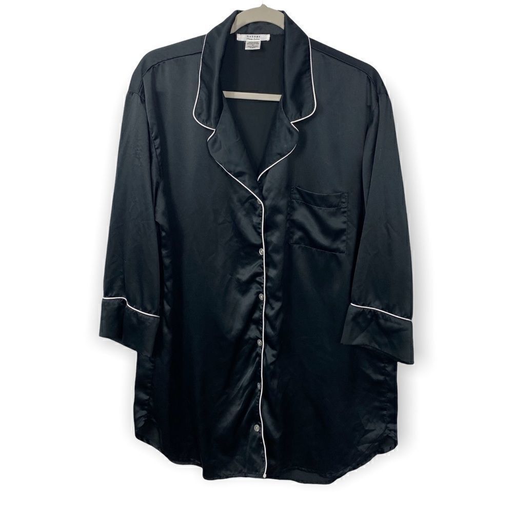 Natori Black Satin Button Up Pajama Top
